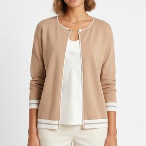 FINITY Tan Contrast Trim Cardigan XL Slinky Knit Single Button Old Money Chic